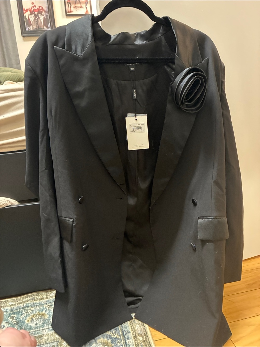 Bardot Black Satin Lapel Double-Breasted Blazer with Rosette